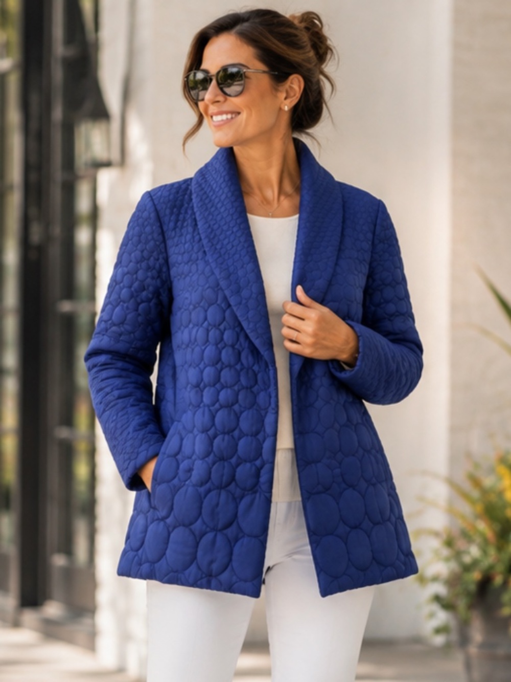 Marla Wynne Collection Blue Quilted Shawl Collar Puffer Jacket Size L NWOT
